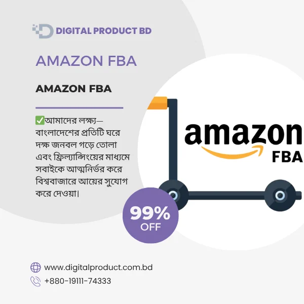 Amazon FBA course cover teaching product research, inventory sourcing, and page one ranking strategies on Digital Product BD.